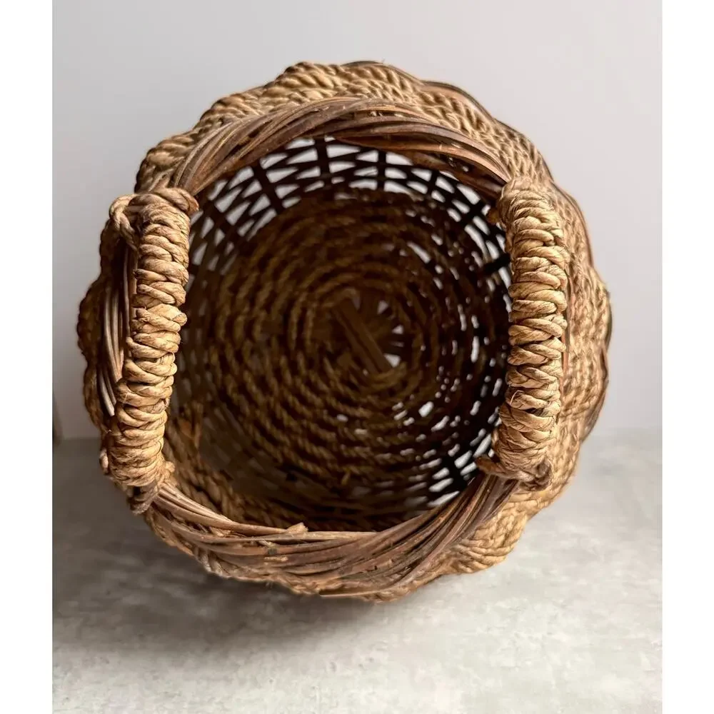 Vintage French Style Round Wicker Basket Large Dual Handle Gathering Primitive